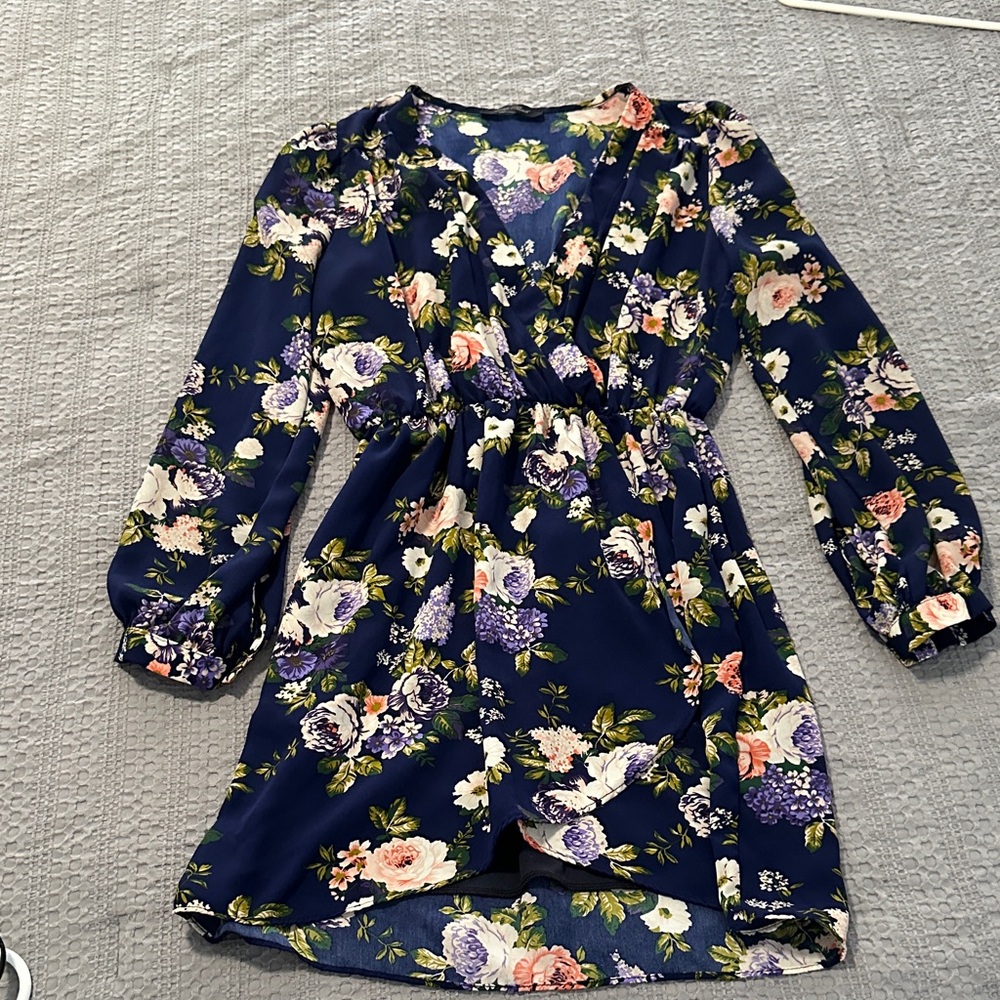 Lulu's Navy Floral V-Neck Long Sleeve Dress with Pink, Purple & White Blooms